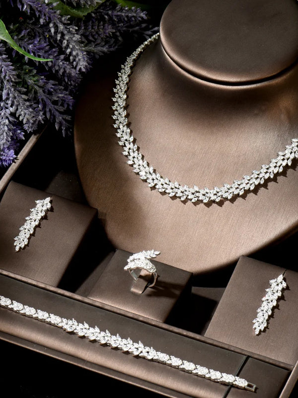 Luxury Bridal Jewelry Set – 4-Piece CZ Necklace, Earrings, Bracelet & Ring for Brides