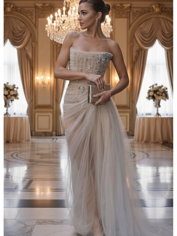 Champagne Glitter Beaded Evening Dress – Pleated Tulle Prom and Wedding Party Gown