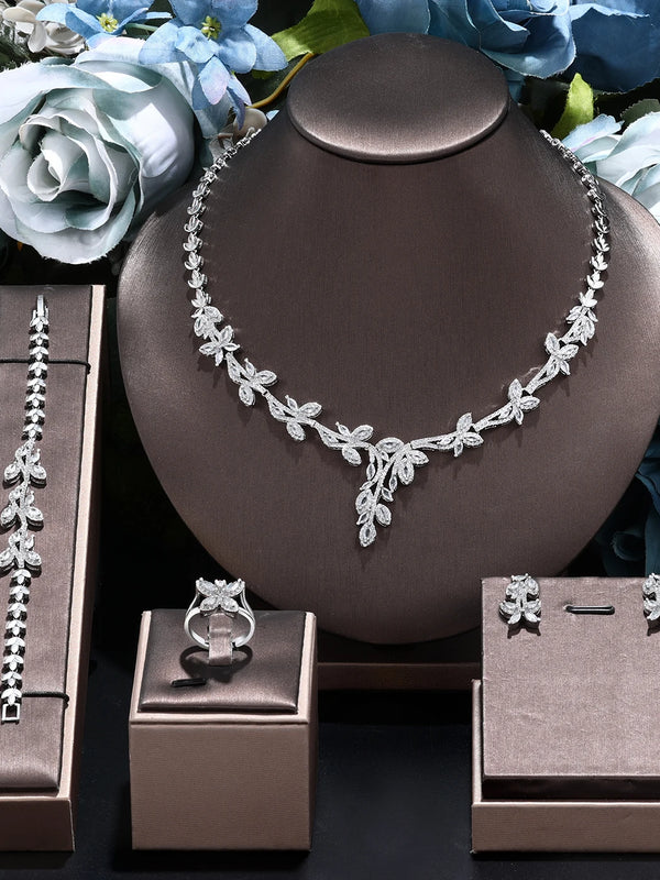 Luxury 4-Piece Wedding Jewelry Set – Zirconia Necklace, Earrings, Bracelet & Ring for Brides