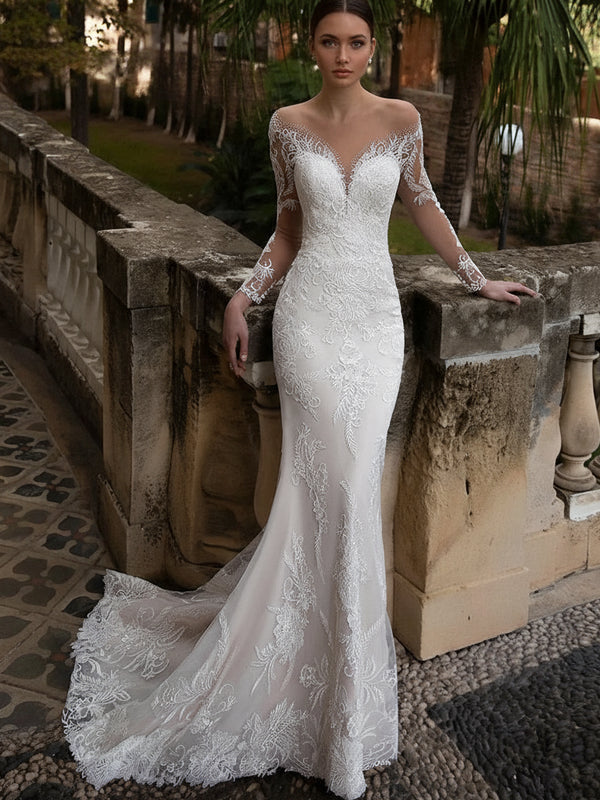 Elegant Mermaid Wedding Dress – Sheer Illusion Lace Appliqué Gown with Button Back