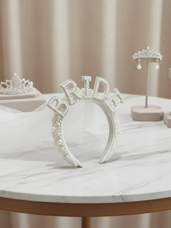 White Pearl Bride Headband with Veil – Elegant Bridal Crown for Wedding, Bachelorette, or Hen Party Celebration