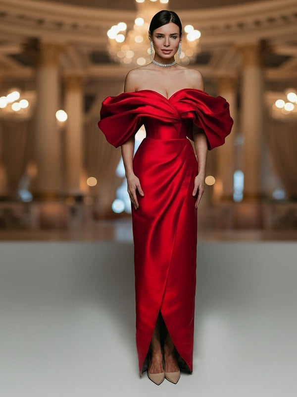 Elegant Red Evening Dress – Off-Shoulder Corset Wedding Party Gown with Floor-Length Design