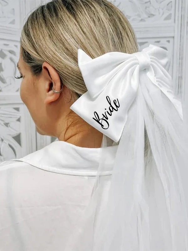 White Bride Bow Veil with Hair Clip – Bridal Shower and Bachelorette Party Accessory
