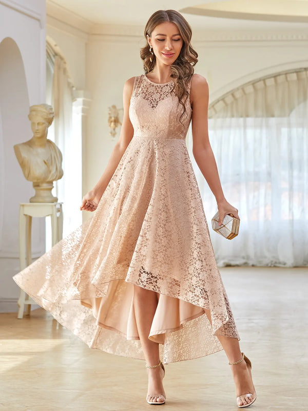Round Neck Lace Bridesmaid Dress – Elegant Fitted Evening Gown for Weddings and Formal Events