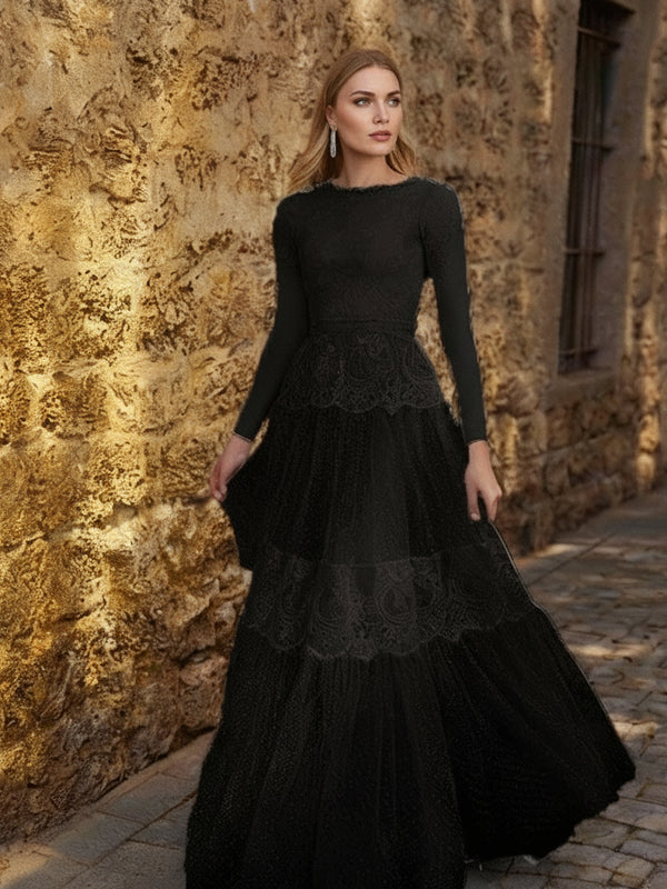 Elegant Black Lace Evening Dress – Long Sleeve O-Neck A-Line Formal Gown