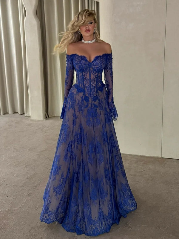 Blue Long-Sleeve Evening Dress – Illusion Lace Formal Gown for Weddings & Special Occasions