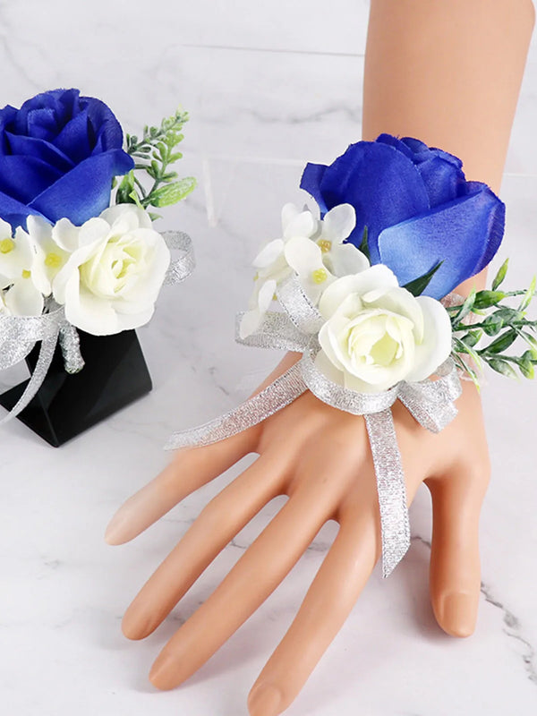 White Rose and Blue Ribbon Wrist Corsage & Boutonniere Set for Weddings
