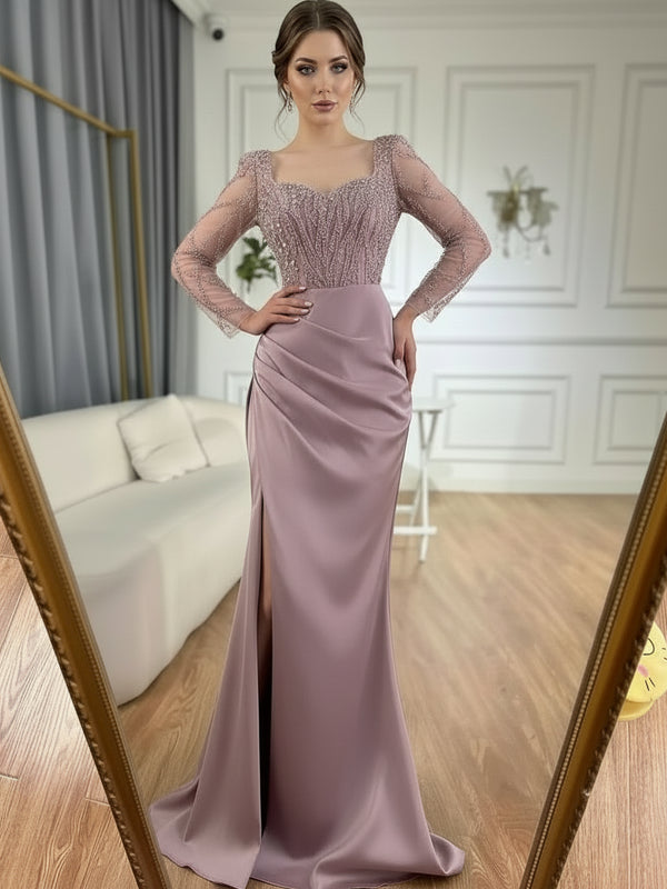 Glamorous Square-Neck Sequin Evening Dress – Long Sleeve Formal Gown for Special Occasions