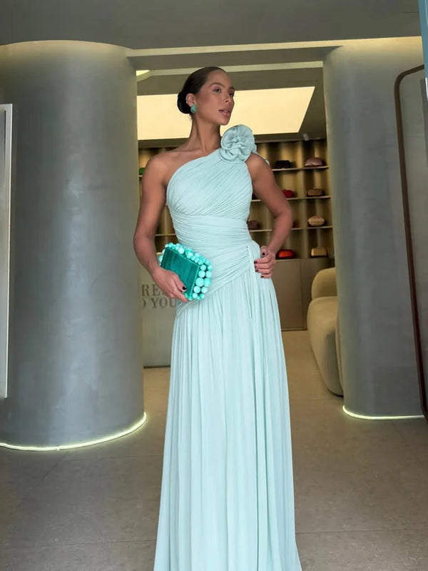 Elegant One-Shoulder Chiffon Evening Gown with Floral Detail – Long Pleated A-Line Party Dress