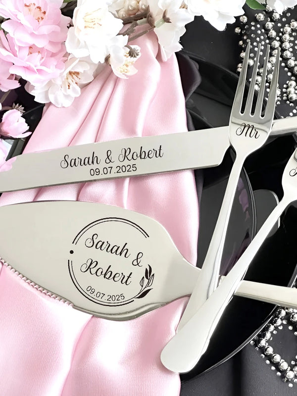 Elegant Wedding Cake Knife & Server Set – Engraved Cake Cutting Set for Bride and Groom