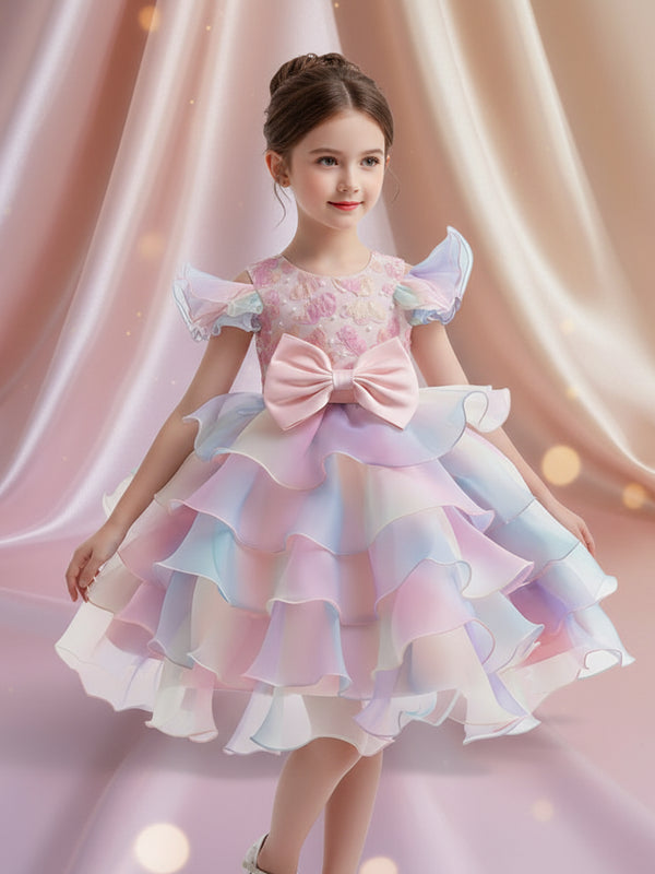 Rainbow Ruffle Princess Dress for Girls – Big Bow Layered Sequin Gown for Weddings, Birthdays, Pageants, and Formal Parties