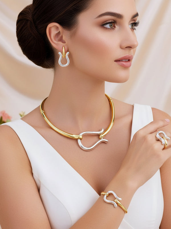 Gold & Silver Wedding Jewelry Set – Necklace, Earrings, Bracelets & Ring Party Accessories