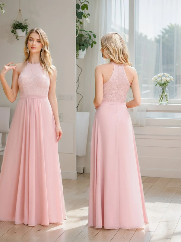 Elegant Halter Bridesmaid Dress – Floral Lace Collar, Sleeveless A-Line Gown for Weddings & Special Occasions