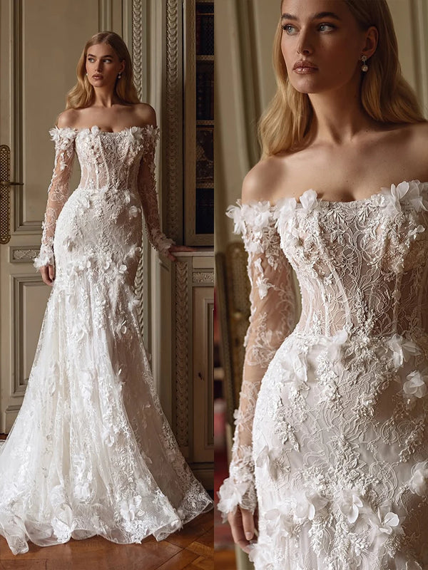 Gorgeous Mermaid Wedding Dress – Sweetheart Lace Appliqué Gown with Sequins & Long Sleeves