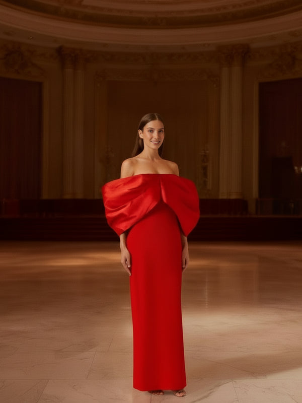 Elegant Off-the-Shoulder Red Satin Evening Gown – Long Column Formal Dress for Weddings & Parties