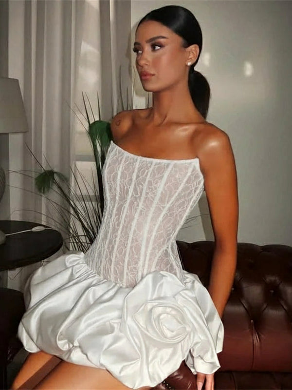 Elegant Short 3D Floral Mini Wedding Party Dress – Strapless Sleeveless A-Line Gown