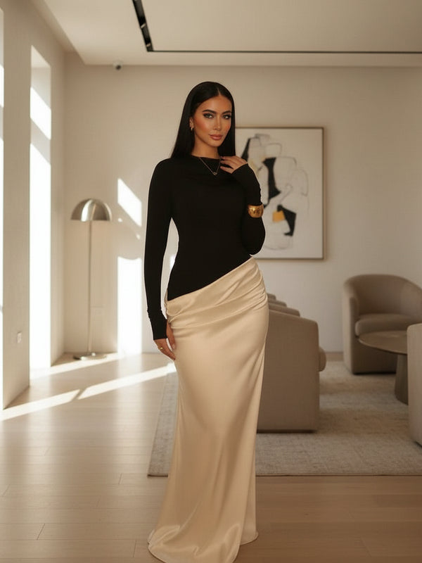 Elegant Evening Dress – Satin A-Line Wedding Party Gown, Long Sleeve Floor-Length