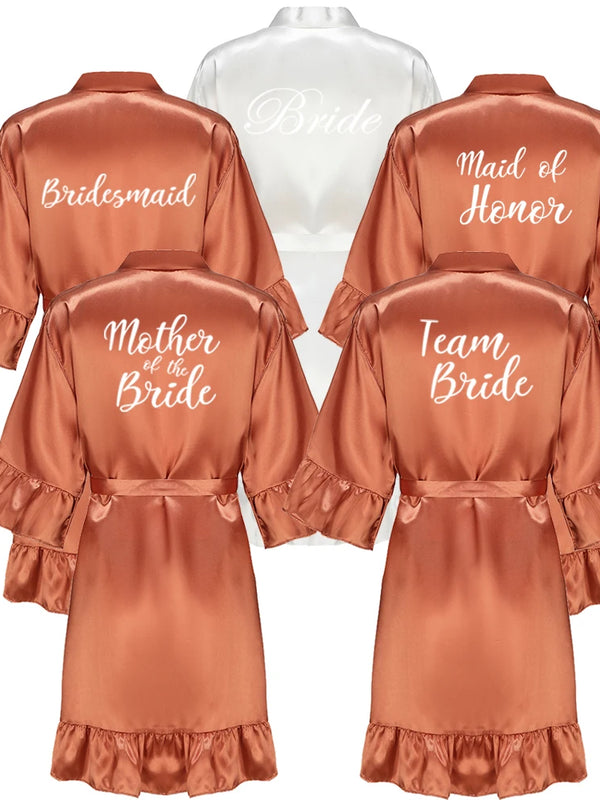 Elegant Satin Bridal & Bridesmaid Robe – Ruffled Silk Kimono Sleepwear with Letter Detail