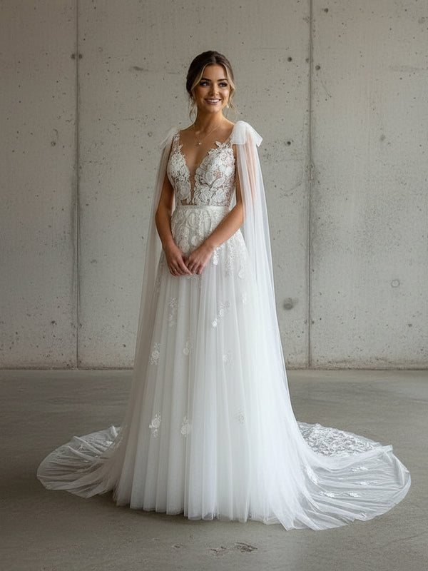 A-Line V-Neck Tulle Backless Wedding Dress – 2025 New Arrival