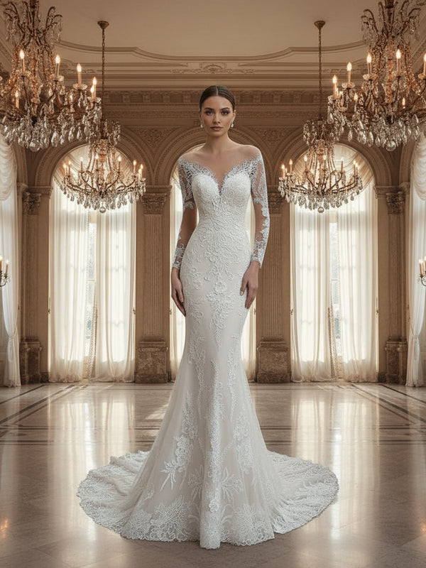 Elegant Lace Mermaid Wedding Dress with Long Sleeves and Princess Ball Silhouette