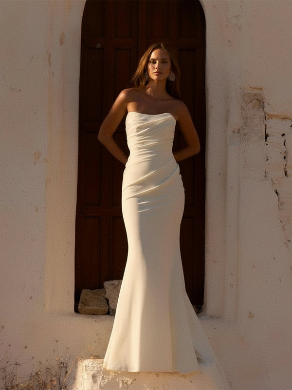Modern Mermaid Wedding Dress – Boat Neck Open Back with Buttons | Sleeveless Pleated Bridal Gown