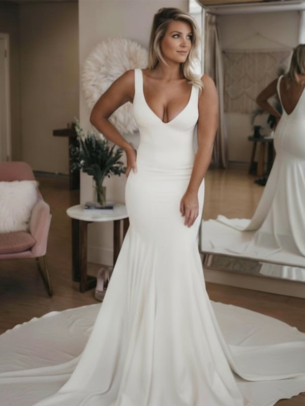 Elegant Satin Mermaid Wedding Dress – Sleeveless V-Neck Long Bridal Gown