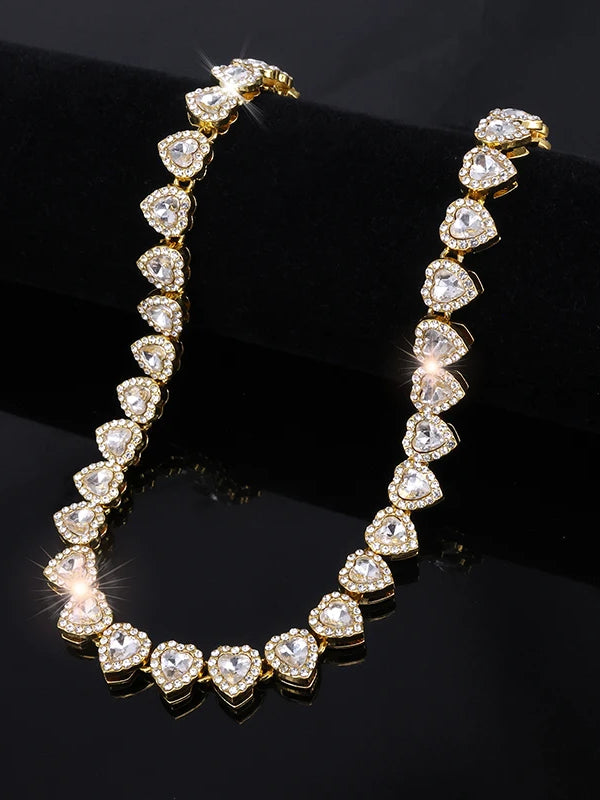 Heart-Shaped Diamond Stainless Steel Necklace and Earring Set for Women