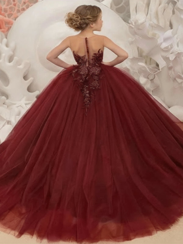 Flower Girl Wedding Dress – Lace Appliqué Princess Ball Gown with Sleeveless Design