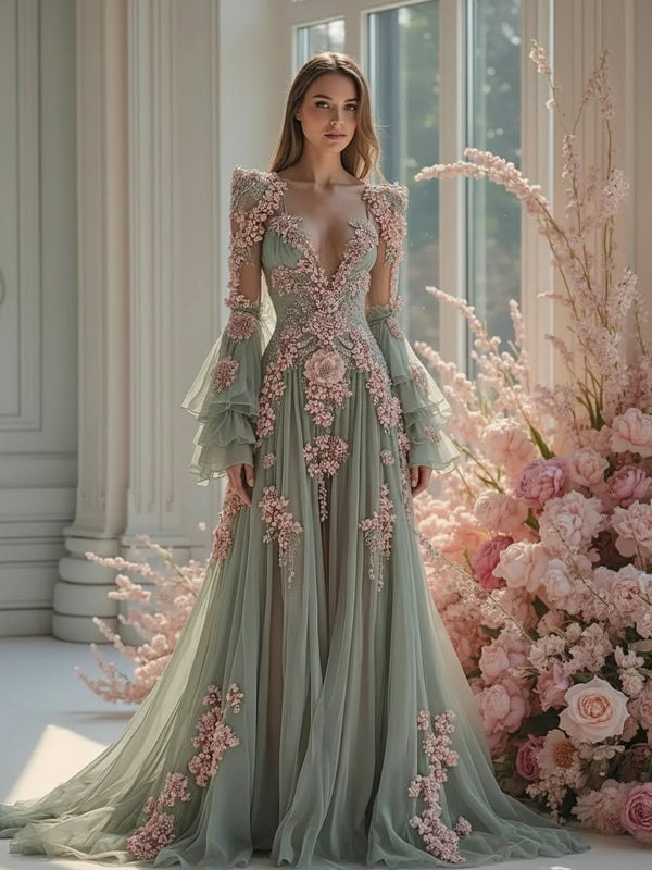 Elegant V-Neck Evening Dress – Floral Appliqué A-Line Formal Gown for Special Occasions