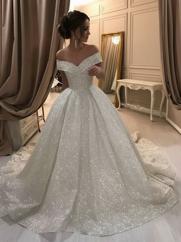 Elegant Off-Shoulder White A-Line Party Dress – Sequined Floor-Length Gown for Women