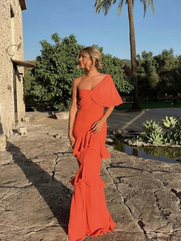 Elegant One-Shoulder Bridesmaid Dress – Luxury Mermaid Evening Gown with Gala Sleeve | Perfect for Prom and Parties