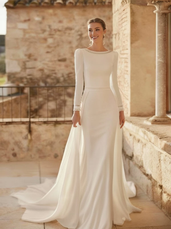 Elegant Mermaid Wedding Dress – Long Sleeve Backless Bridal Gown with Sweep Train