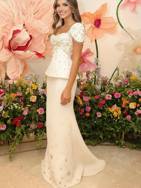 Elegant Crystal Mermaid Evening Gown with Sweetheart Neck and Short Sleeves – Luxury Floor-Length Dubai-Inspired Party Dress