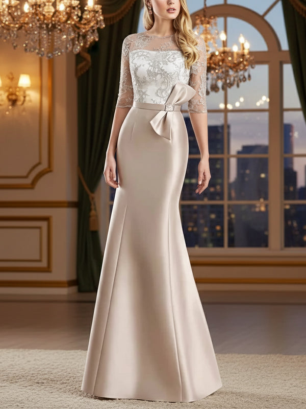 Elegant Mermaid Mother of the Bride Dress – O-Neck Satin Gown with Bow and Ruching