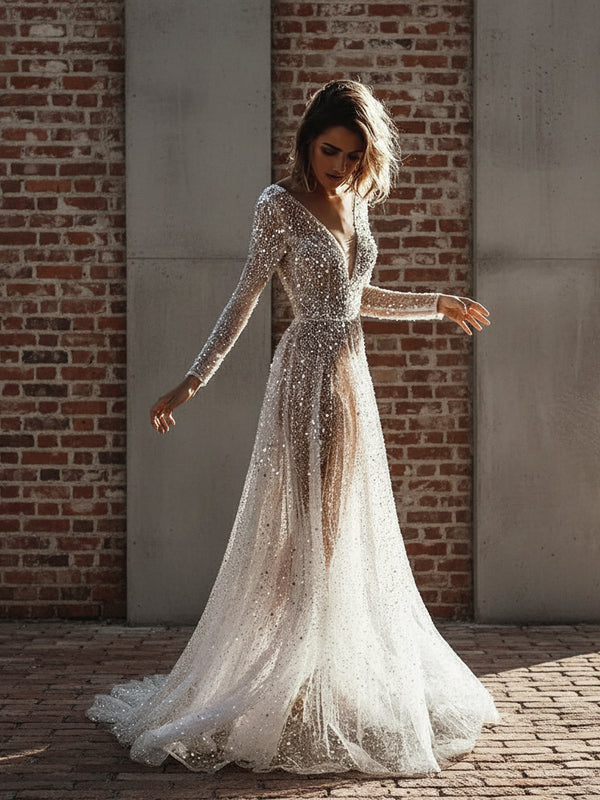 Elegant Beaded Sequin V-Neck Long-Sleeve Wedding Dress – Floor-Length A-Line Gown with Sweep Train