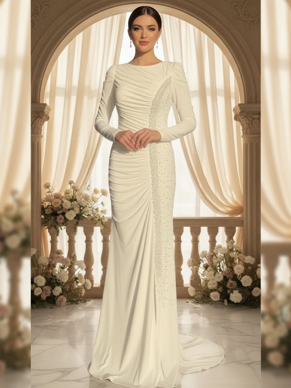 Elegant Party Wedding Dress – Beading Pleat O-Neck Long Gown with Glitter Detail
