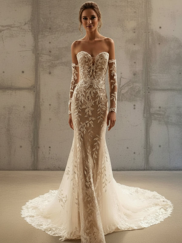 Elegant Lace Illusion Off-Shoulder Wedding Dress – Mermaid Tulle Bridal Gown with Appliqués and Sweep Train