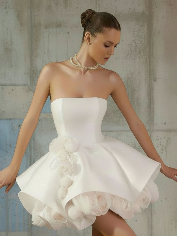 3D Flower Strapless Wedding Dress – Sleeveless A-Line Cocktail Gown with Pleats and Bow