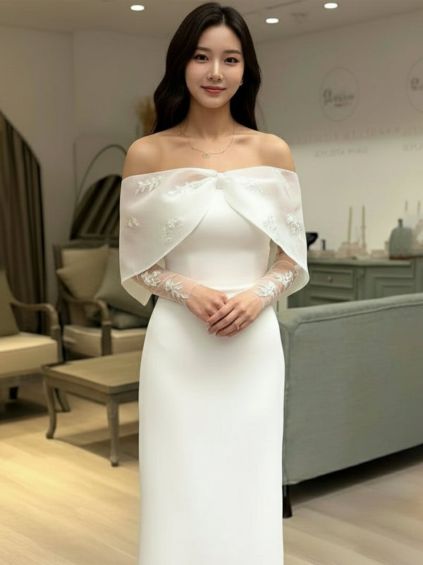 Elegant White Sheath Evening Dress – Off-Shoulder Appliqué Wedding & Party Gown