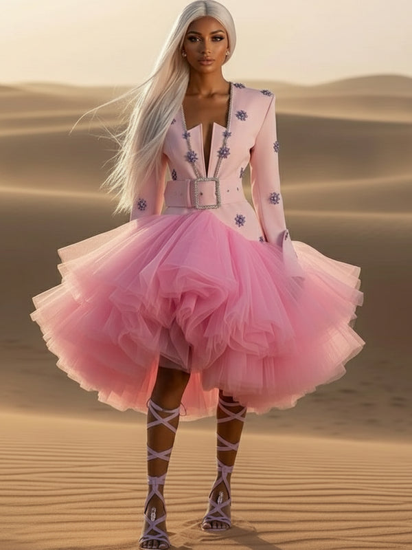 Pink Long-Sleeve Rhinestone Mini Evening Dress – Sparkling Party & Cocktail Gown