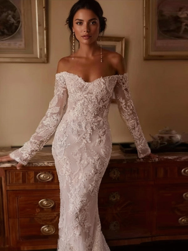 Exquisite Shiny Lace Off-Shoulder Mermaid Wedding Dress