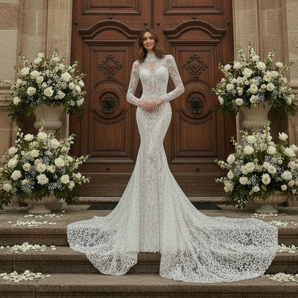 High-Collar Long Sleeve Beaded Mermaid Wedding Dress – Crystal Lace Appliqué, Elegant Train
