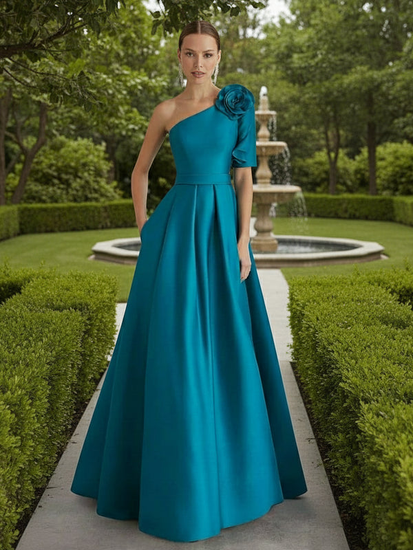Elegant One-Shoulder Wedding Party Dress – Satin A-Line Gown with Floral Appliqué