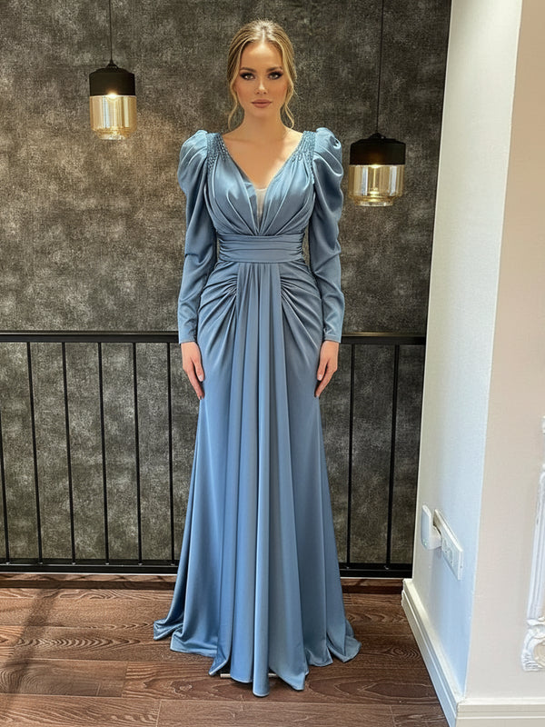 Mermaid Wedding Guest Dress – V-Neck Beaded Evening Gown with Long Sleeves for Weddings & Formal Events