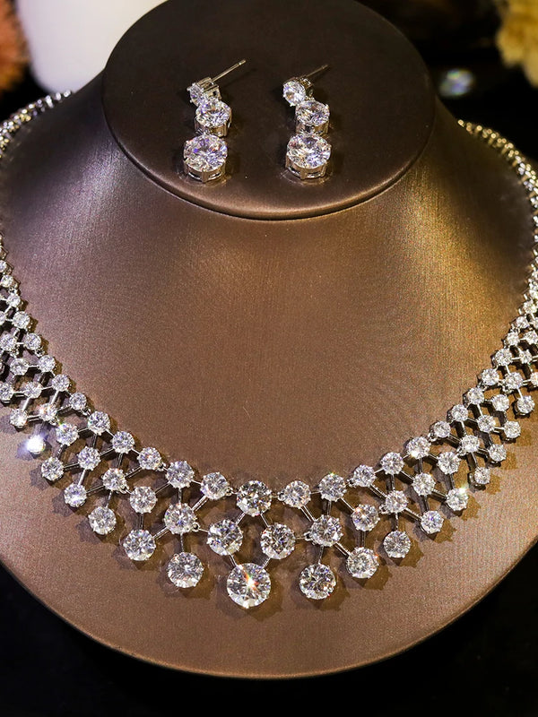 Sparkling Round-Cut Zircon Bridal Necklace Set – Elegant Crystal Jewelry for Weddings & Evenings