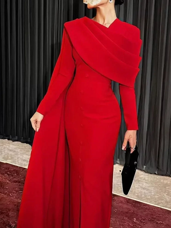 Elegant Red Long-Sleeve Pleated Straight Ankle-Length Party Dress