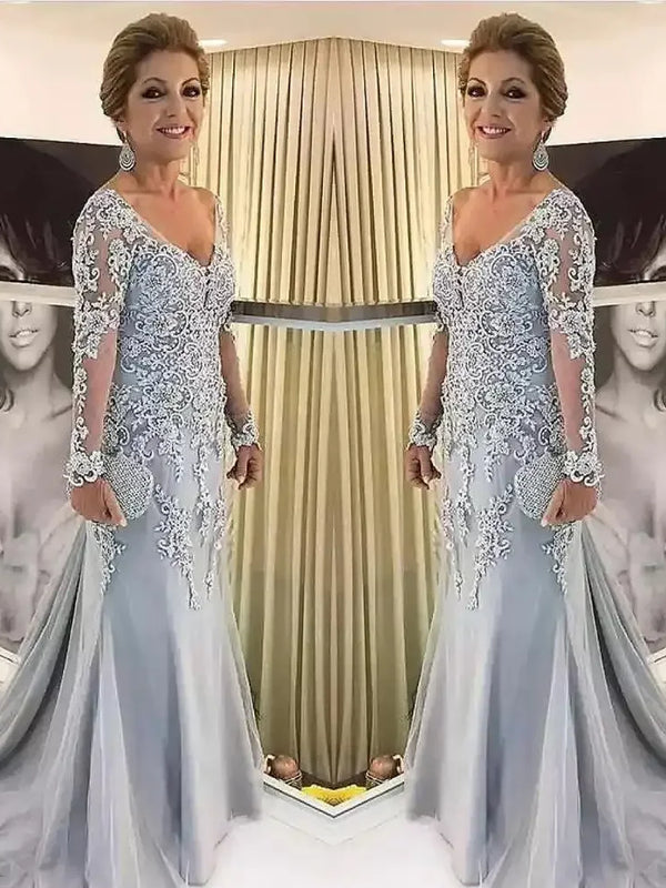 Elegant Beaded Mermaid Mother of the Bride Dress – Long Sleeve Lace Tulle Evening Gown