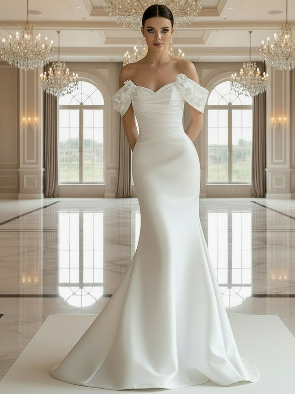 Elegant Satin Mermaid Wedding Party Dress with Off-Shoulder Design and Pleated Applique Details