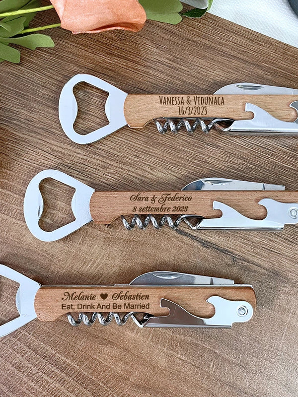 Personalized Wooden Wine Bottle Opener – Engraved Corkscrew Wedding Guest Gift & Party Favor