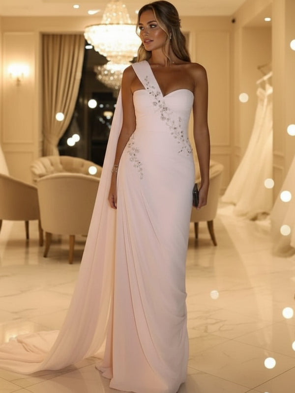 Elegant Pink One-Shoulder Evening Dress – Beaded A-Line Chiffon Formal Gown